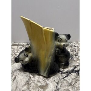 American Bisque Black Bears Tree Trunk Planter Indoor Yellow Ceramic Vintage MCM